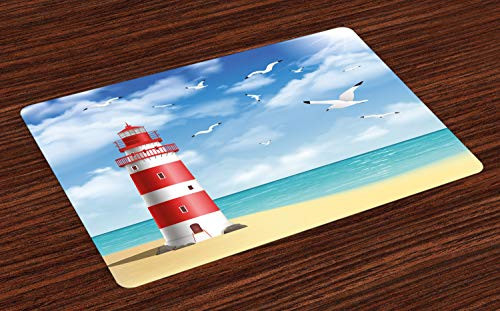 Ambesonne Beach Place Mats Set of 4, Realistic Illustration Lighthouse on Calm Seashore Flying Seagulls Ocean Scenery, Washable Fabric Placemats for Dining Room Kitchen Table Decor, Vermilion Blue
