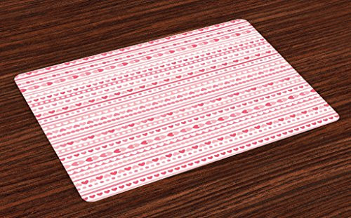 Lunarable Heart Place Mats Set of 4, Horizontal Pastel Stripes with Love Shapes and Circles Abstract Valentines, Washable Fabric Placemats for Dining Room Kitchen Table Decor, Pale Pink and White