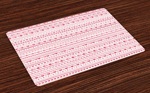 Lunarable Heart Place Mats Set of 4, Horizontal Pastel Stripes with Love Shapes and Circles Abstract Valentines, Washable Fabric Placemats for Dining Room Kitchen Table Decor, Pale Pink and White Lunarable Heart Place Mats Set of 4, Horizontal Pastel Stripes with Love Shapes and Circles Abstract Valentines, Washable Fabric Placemats for Dining Room Kitchen Table Decor, Pale Pink and White