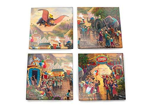 Disney Dumbo Glass Coaster Set - Thomas Kinkade - Comes with Stylish Wooden Holder