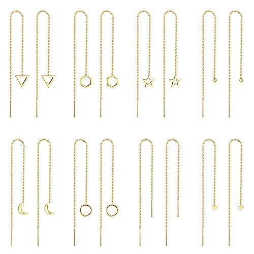 LOLIAS 8Pairs Stainless Steel Threader Earrings for Women Lightweight Drop Dangle Chain Earrings Minimalist Chain Tassel Earrings Set