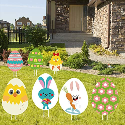Easter Yard Signs Decorations Outdoor, 8Pcs Happy Easter Yard Signs, Bunny, Chick and Egg Lawn Garden Decor for Easter Party Supplies, Easter Props