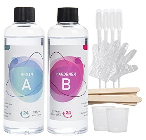 Epoxy Resin Kit Supplies - 16 OZ Including 8OZ Clear Art Resin and 8OZ Hardener for Craft, Coating, Jewelry, River Tables | Bonus Gloves, Cup, Sticks