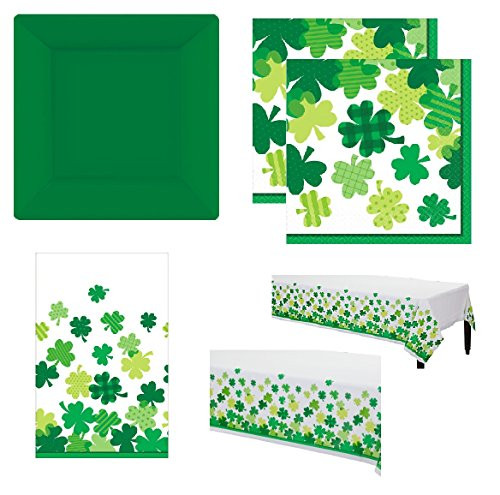 St Patricks Day Party Supplies Shamrock Theme Serves 36 Guests Large Square 10 Plates Shamrock Napkins & Matching Table Cover