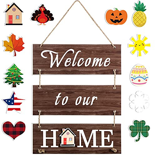 Interchangeable Seasonal Welcome Sign Front Door Decor Rustic Wood Welcome Sign Wall Hanging Porch Decoration for Fall Christmas Easter Valentines Thanksgiving, National Day