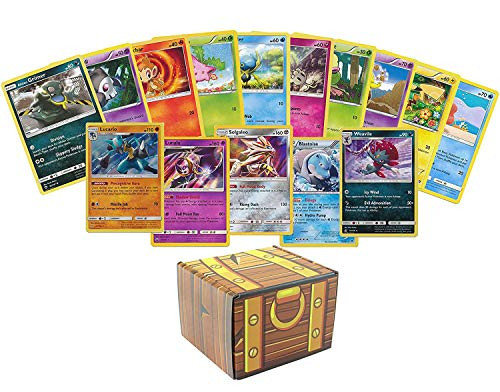 55 Assorted Pokemon Cards - 5 Holographic Rares, 50 Common/Uncommons, 1 Assorted Pokemon Coin, and Learn to Play Instructions - Includes Golden Groundhog Storage Treasure Chest Box