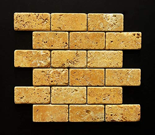 2x4 Gold/Yellow Tumble Travertine Tiles on 12x12 sheets for Backsplash, Shower Walls, Bathroom Floors