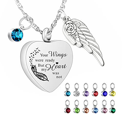 Heart Urn Necklace for Ashes with 12 PCs Birthstones Ashes Necklace Stainless Steel Cremation Pendant for Human for Pet Ash Holder - Your Wings were Ready But My Heart was not