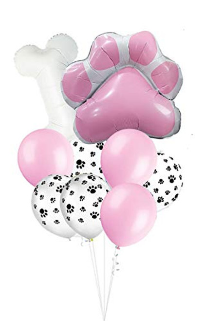 Lets Pawty Puppy Girls Party Supplies kit Paws Balloon, Dog Bone Shape Foil Helium Balloon, 4pcs Paws Print Balloons and 4pcs 12inch Pink Latex Balloons for Pets Dog Birthday Party Decorations-Pink-