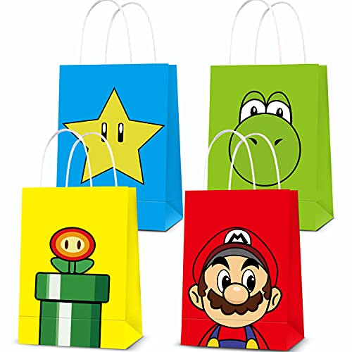 Mario Birthday Party Supplies, Party Favor Goodie Gift Bags for Super Bros Mario Party Supplies, Including 4 Patterns Double Sided Printed Ideal for Kids Birthday Party Decorations -12 PCS-