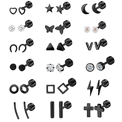 18pairs Tiny Cartilage Stud Earrings For Women Star Moon Triangle Circle Bar Heart Stud Geometric Ball Barbell Flatback Stud Earrings Stainless Steel Cz Earrings Set -Black-