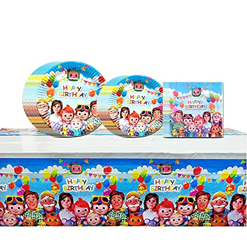 Cocomelon Party Supplies Plates Napkins and Table Cover Tableware Set for Kids Cocomelon Theme Birthday Party Serves 10 Guests
