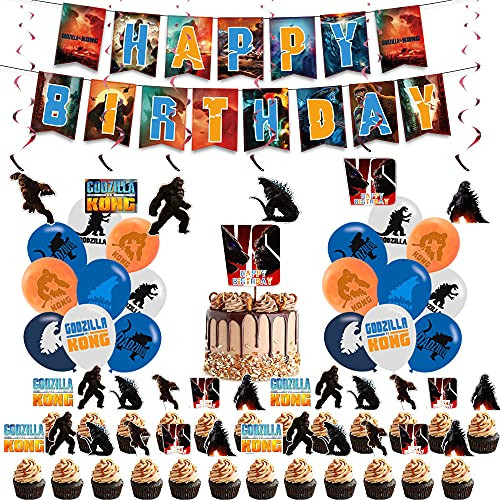 PTYPATY 50PCS Birthday Party Supplies for Godzilla, Godzilla vs. Kong Decorations with Happy Birthday Banner, Hanging Swirls, Balloons, Cake Topper, Cupcake Toppers