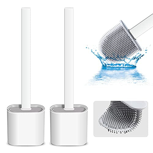 Silicone Toilet Brush and Holder Set Mounted Silicone Toilet Bowl Brush Deep Cleaning Non-Slip Long Plastic Handle Bendable Brush Head Clean Toilet Corner Easily Silicon Brush-White plusWhite-