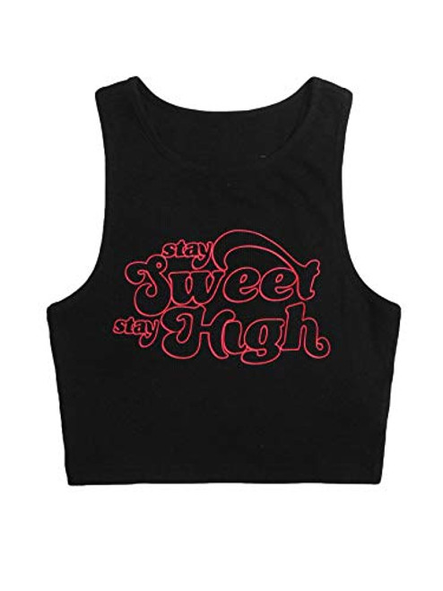 WDIRARA Women's Letter Print Round Neck Rib Knit Crop Tank Top Sleeveless Top Black S