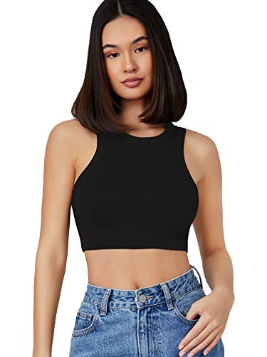 MakeMeChic Women's Basic Round Neck Tank Fitted Sleeveless Crop Top Black M