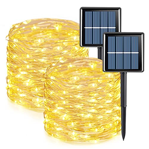 2 Pack Each 33ft 100 LED Solar Fairy Lights Outdoor Waterproof, Copper Wire Solar String Lights Warm White, 8 Modes Solar Twinkle Firefly Lights