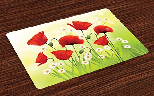 Ambesonne Poppy Place Mats Set of 4, Spring Environment with Poppies and Daisies on Grass Flourishing Nature Illustration, Washable Fabric Placemats for Dining Room Kitchen Table Decor, Red Green