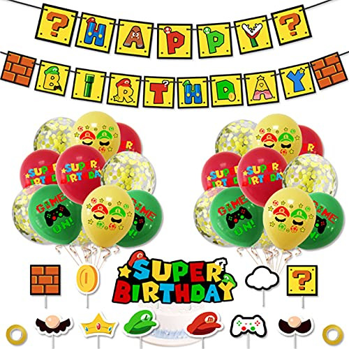 Mario Birthday Party Banner suit?Mario Birthday Party Supplies, Super Mario Bros Party Supplies Pack Balloons Banner Cake Toppers for Happy Birthday Party Decorations Kit Children -Mario-banner-