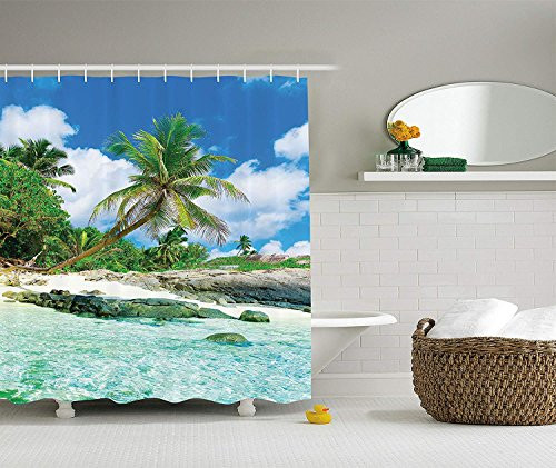 Ambesonne Seaside Decor Collection, Scene Rocks Palms shades jungle honeymoon islands remote resort leisure, Polyester Fabric Bathroom Shower Curtain, Teal Green Blue