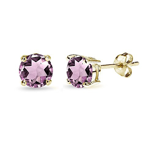 Yellow Gold Flashed Sterling Silver Purple CZ 6mm Round-Cut Solitaire Stud Earrings
