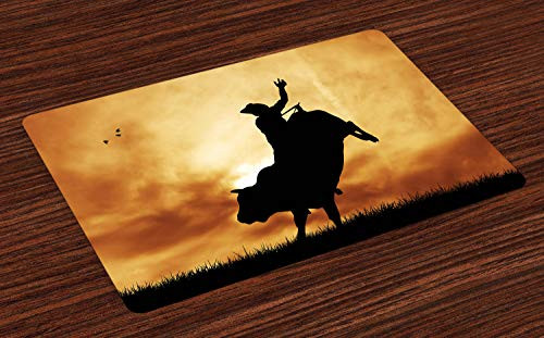 Lunarable Western Place Mats Set of 4, Bull Rider Silhouette at Sunset Dramatic Sky Rural Countryside Landscape Rodeo, Washable Fabric Placemats for Dining Room Kitchen Table Decoration, Amber Black