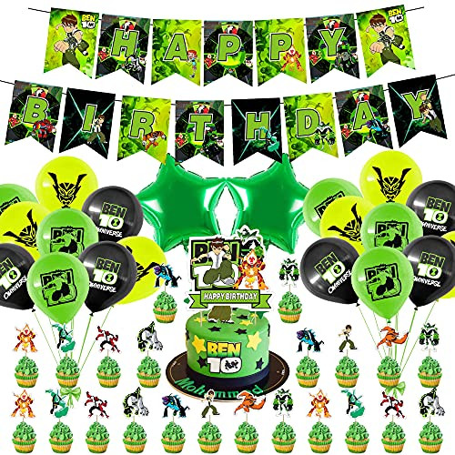 Ben 10 party Supplies, Ben 10 Party Decorations for Kids Adults with Happy Birthday Banner Cake Topper Cupcake Toppers Balloons