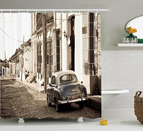 Ambesonne Old Car Decorations Shower Curtain Set, an Old American Car in The Colonial Streets of Trinidad in Cuba Historical Picture, Bathroom Accessories, 69W X 70L Inches, Beige