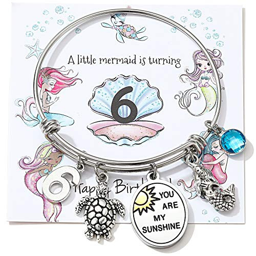 6th Birthday Gifts for Dughter Granddaughter Niece You Are My Sunshine Bangle Mermaid Turtle Charm Bracelet Sea Beach Lover Jewelry for 6 Year Old