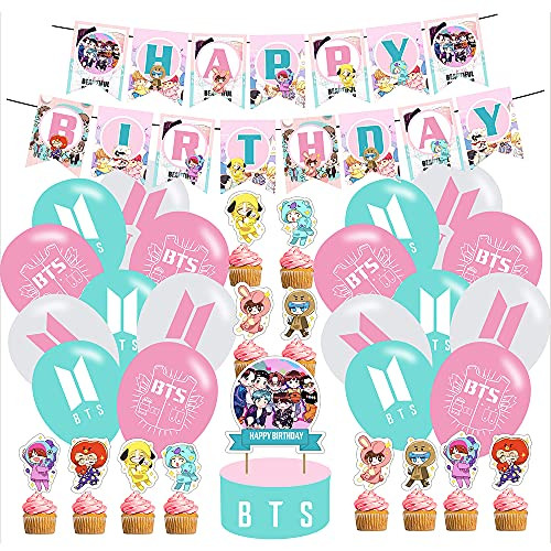 BTS Party Decorations Set Theme Birthday Supplies BTS Party Supplies Include BTS Happy Birthday Banner, Cake Toppers, Balloons for Bangtan Boys Fansfor Bangtan Boys Fans Party Supplies Decor