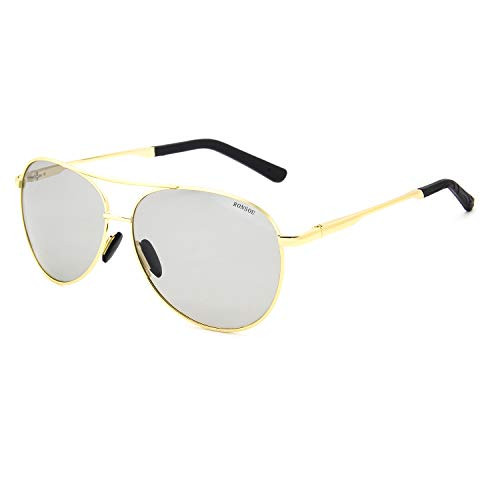RONSOU Men's Color Photochromic Polarized Sunglasses Anti-glare UV400 Protection Golden Frame Gray Lens