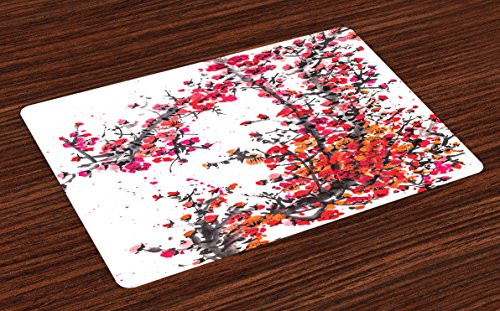 Lunarable Japanese Place Mats Set of 4, Japanese Cherry Blossoms in Watercolor Brush Style Eastern Vibrant Oriental Art, Washable Fabric Placemats for Dining Room Kitchen Table Decoration, Red Orange Lunarable Japanese Place Mats Set of 4, Japanese Cherry Blossoms in Watercolor Brush Style Eastern Vibrant Oriental Art, Washable Fabric Placemats for Dining Room Kitchen Table Decoration, Red Orange