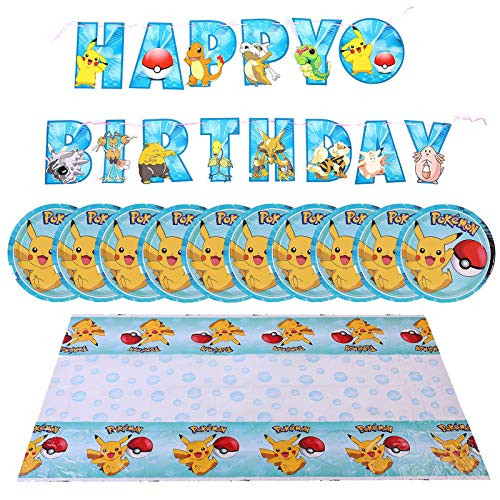 Pikachu Birthday Party Supplies Pokemon Happy Birthday Banner,Plate ,Pikachu Kids' Party Tablecovers Included for Party Favor