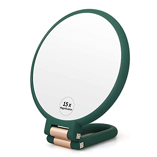1X 15X Magnifying Hand Held Mirror,Double Side Folding Hand Mirror for Women with Adjustable Handle ,Travel Table Desk Shaving Bathroom -Army Green-