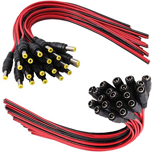 20 Pairs DC Power Pigtail Cable Wire Plug 18AWG Pure Copper 2.1mm x 5.5mm 12V 5A Male  and  Female Connectors for Security CCTV Surveillance System Camera and Lighting Power Adapter