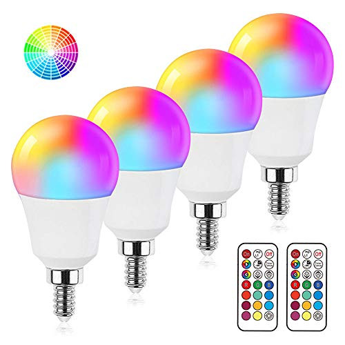 E12 Candelabra Color Changing LED Light Bulbs, Lustaled Dimmable A15 RGB LED Bulb 3W E12 RGBW Lamps with Remote Control for Ceiling Fan Lighting Ambient Party Bars Decoration -RGB plusWarm White, 4-Pack-