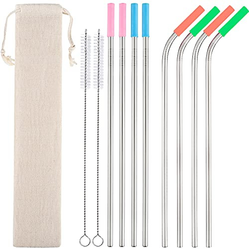Set of 8 Reusable Metal Straws with Silicone Tips, Long Stainless Steel Straw with Cleaning Brushes and Case, Drinking for 30 oz and 20 oz Tumblers.