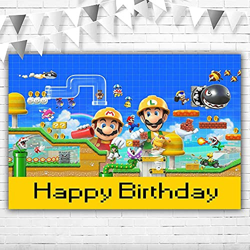 Super Mario Bros Backdrop for Party Supplies 5x3 Vinyl Video Game Birthday Party Decorations Engineer Mario Luigi Photography Background for Birthday Banner Cake Table Wall Decor Poster Wallpaper