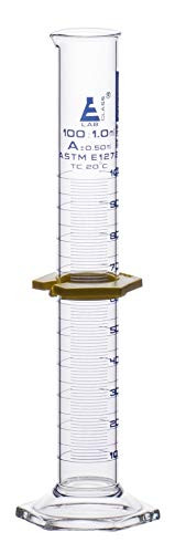 Measuring Cylinder, 100ml - ASTM, Class A - Tolerance ±0.50ml - Protective Collar, Hexagonal Base - Blue Graduations - with Individual Work Certificate - Borosilicate 3.3 Glass - Eisco Labs