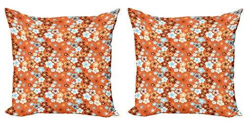 Ambesonne Orange Decorative Throw Pillow Case Pack of 2, Old Fashioned Doodle Flora Abstract Blooming Meadow in Summer Theme, Couch Bedroom Living Room Cushion Cover, 16", Sky Blue Orange Brown