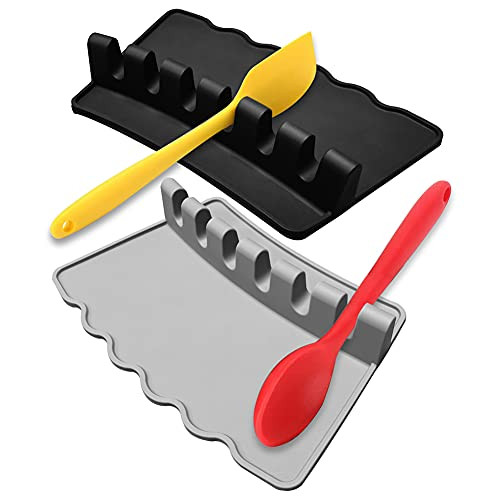 Silicone Spoon Rest for Stove Top - Silicone Utensil Rest with Drip Pad, Spoon Holder for Kitchen Counter, Kitchen Utensil Holder for Spoons, Ladles, Tongs -Grey  and  Black-