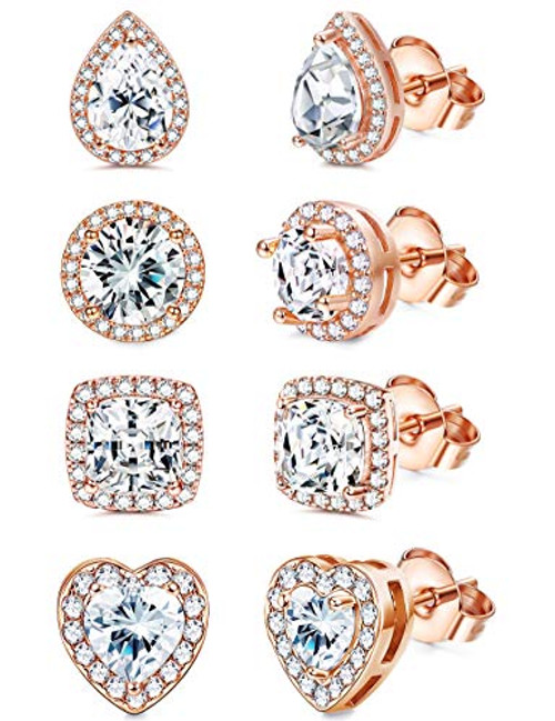 XCOIN 4 Pairs Rose Gold Plated Cubic Zirconia Stud Earrings Round Square CZ Simulated Diamond Halo Stud Earrings for Women XCOIN 4 Pairs Rose Gold Plated Cubic Zirconia Stud Earrings Round Square CZ Simulated Diamond Halo Stud Earrings for Women