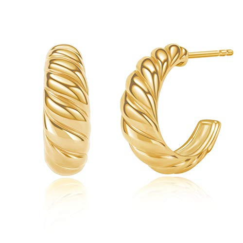 Gold Croissant Dome Hoop Earrings Chunky Twisted Round Hoop Earrings for Women Girls with 925 Sterling Silver Post