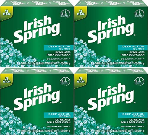 Irish Spring Deodorant Bath Bar Soap, Deep Action Scrub, with Scrubbing Beads, 3.75 Ounce Each, 3 Bar Pack -Pack of 4- 12 Bars Total