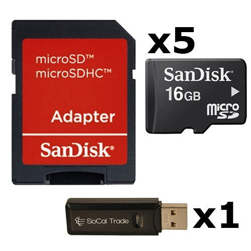 5 PACK - SanDisk 16GB MicroSD HC Memory Card SDSDQAB-016G (Bulk Packaging) LOT OF 5 with SD Adapter and USB 2.0 MicoSD