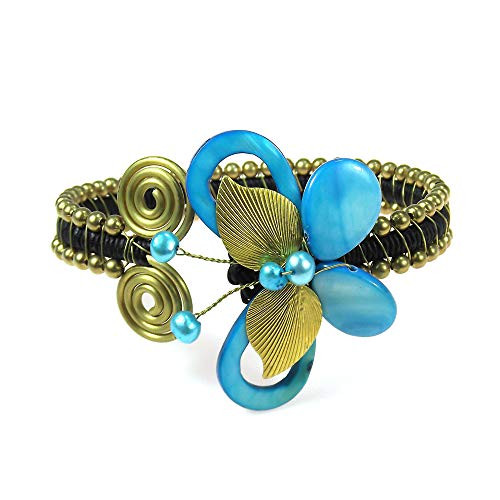 AeraVida Blue Mother of Pearl and Cultured Freshwater Blue Pearl Butterfly Brass Wire Swirl Cuff Bracelet AeraVida Blue Mother of Pearl and Cultured Freshwater Blue Pearl Butterfly Brass Wire Swirl Cuff Bracelet