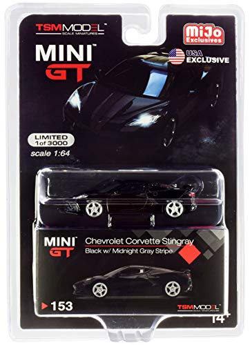 2020 Chevy Corvette Stingray C8 Black with Midnight Gray Stripe Limited Edition to 3000 pcs 1/64 Diecast Model Car by True Scale Miniatures MGT00153