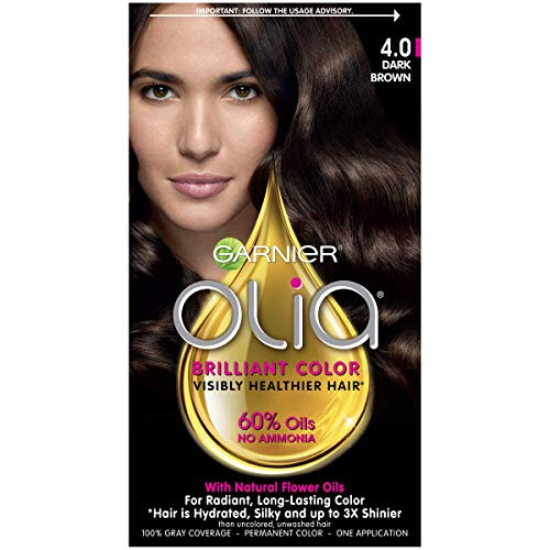 Garnier Olia Ammonia Free Permanent Hair Color, 100 Percent Gray Coverage -Packaging May Vary-, 4.0 Dark Brown Hair Dye, Pack of 1