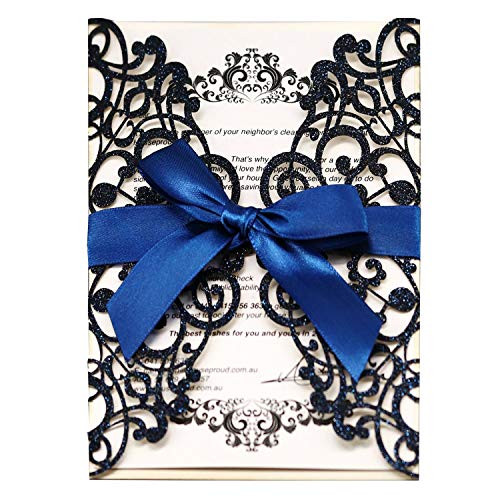 Hosmsua 20x Laser Cut Flora Lace Invitation Cards with Ribbon and Envelopes for Wedding invites Cards Bridal Shower Engagement Birthday Party (Navy Blue Glitter)