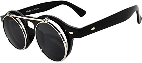 Flip Up Steampunk Vintage Retro Round Circle Gothic Hippie Colored Plastic Frame Sunglasses blue Lens OWL